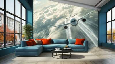 Plane in flight, trailing white and light grey speed rays, against a dynamic, realistic backdrop of clouds and sky motion Wall mural