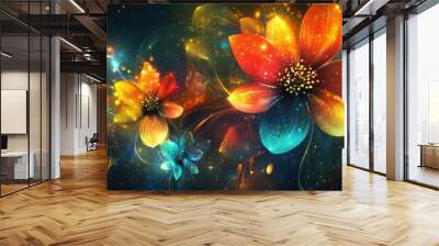 Radiant abstract flowers with rainbow hues and glowing petals, set on a dark background with ethereal light effects, exuding dreamlike beauty Wall mural