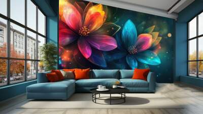 Radiant abstract flowers with rainbow hues and glowing petals, set on a dark background with ethereal light effects, exuding dreamlike beauty Wall mural