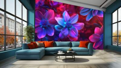 Radiant neon flowers in vibrant pink, purple, and blue hues on a deep red backdrop, ideal for concentration and yoga Wall mural