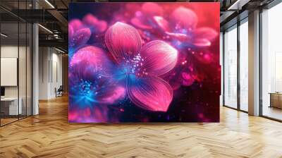 Radiant neon flowers with dynamic pink, purple, and blue elements on a deep red backdrop, ideal for meditation and yoga Wall mural