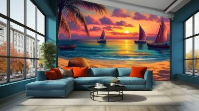 Serene tropical beach landscape at sunset with palm trees, a straw hat, and vibrant boats sailing in the colorful dusk sky Wall mural