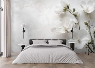 Soft white flowers with subtle textures on a dynamic white background, perfect for elegant and calming floral design or decoration Wall mural