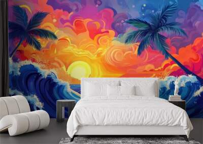 Tropical paradise with a vibrant sunset, palm trees, and dynamic ocean waves under a colorful sky, ideal for vacation and summer themes Wall mural