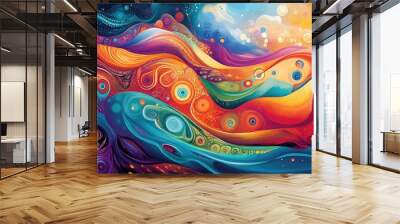 Vibrant abstract symbol of happiness and freedom, with flowing patterns and natural shapes set against a bright naturalistic backdrop Wall mural