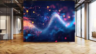 Vibrant data graph with business profit trends, covered by glowing transparent waves and lines, set against a dark futuristic background Wall mural