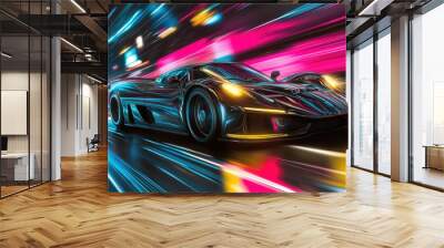 Vibrant supercar with colorful speed rays, illustrated on a dynamic futuristic background, highlighting energy and fast-paced movement Wall mural