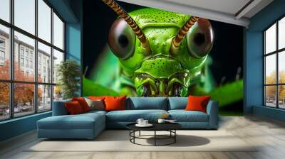 Portrait of green grasshoper, macro photography, super detail front face. Wall mural