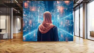 The back of muslim girl wearing hijab, digital technology background. Wall mural