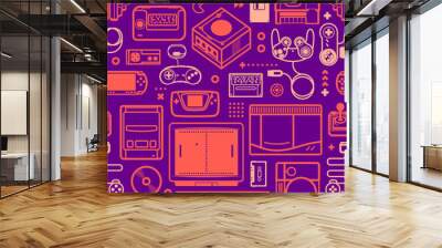 Vector seamless pattern with oldschool gaming objects. Color schematic lines. Wall mural