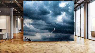 Lightning and thunderstorm flash with raining background. Bad weather and cloudy problem with aerial or satellite signal. Wall mural