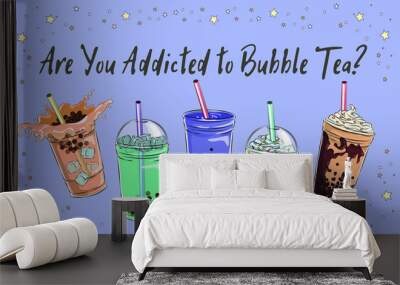 Bubble tea cup design collection, Yummy drinks, soft drinks with doodle style banner, Bubble milk tea ads with delicious tapioca and pearl, bubble tea menu graphic template Wall mural