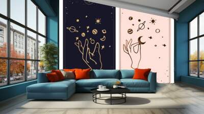 Cosmos tarot cards are created by the hands of God. Hands are set in a simple flat esoteric Boho style. esoteric collection of logos with various symbols such as a planetary cosmic star, gold and pink Wall mural