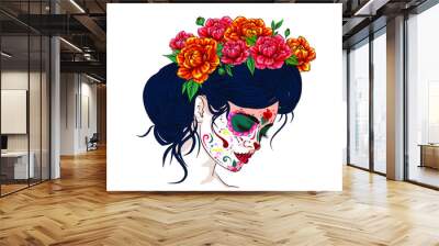 dia de los muertos day of the dead mexican holiday festival vector poster banner and card with, anta muerte woman make up sugar skull girl face with flowers wreath hand drawn Wall mural