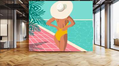 girl in a summer hatfrom the sun with large fields, Top view, summer, holidays poster. The girl bathes, relax, have fun in the pool. Cartoon vector illustration Summer time poster. Flat design, trendy Wall mural