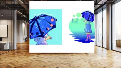 girls with an umbrella, a beautiful girl with an umbrella in the rain, autumn season, the constellations and phases of the moon are depicted on an umbrella, a young girl is holding an umbrella with mo Wall mural