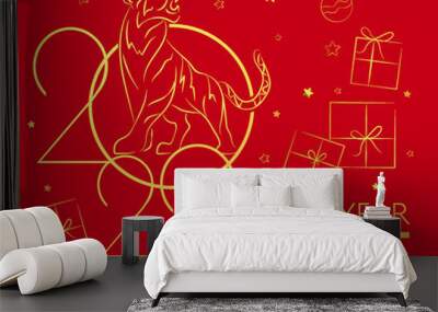 greeting card chinese new year 2022 tiger red and gold flower and asian elements cut from paper in craft style on background. Wall mural