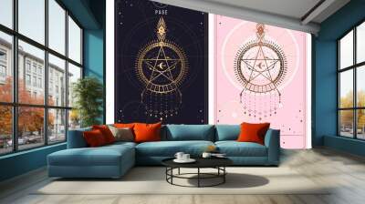 PAGE OF PENTACLES . Minor Arcana secret card, black with gold and silver card, pink with gold, Tarot cards. Sign of the magic pentacle with inscriptions. Isolated vector illustration on a white backgr Wall mural