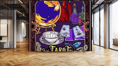 Tarot banners with gypsy fortune teller, ritual cards and magic ball. Vector posters of future predict, cartomancy with cartoon illustration of soothsayer and crystal sphere on table, Tarot divination Wall mural