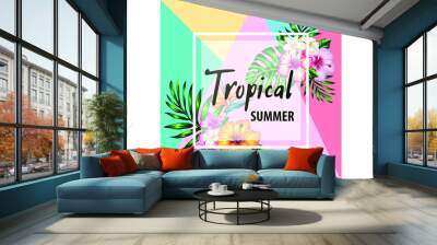 tropical collection with exotic flowers and leaves vector design isolated elements on the white, tropical flowers and palms summer banner graphic background exotic floral invitation flyer Wall mural