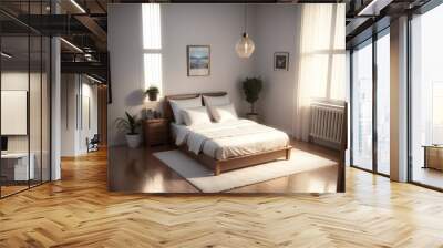 A cozy bedroom with natural light, featuring a neatly made bed, wooden furniture, and indoor plants. Wall mural