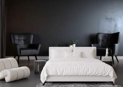 Contemporary living space featuring two elegant black armchairs and a simple side table with a plant, against a textured dark wall Wall mural