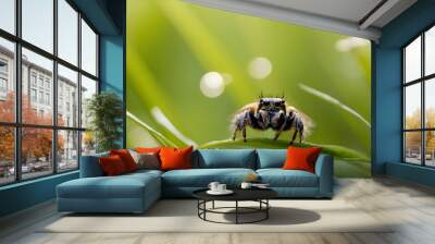 Jumping spider perched on vivid green leaf Wall mural