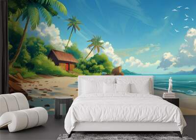 beautiful beach scene in cartoon style Wall mural