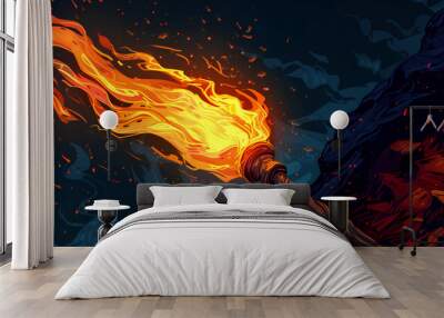 burning torch flame in cartoon style illustration Wall mural