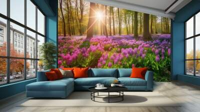 spring, forest, trees, green, foliage, sunlight, nature, peaceful, rene, flower, flowers, garden Wall mural