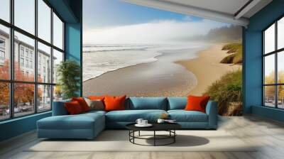 beach in the morning, Foggy beach with water washing onshore, bright Wall mural