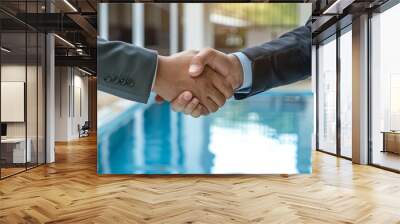 Close up of two business men shaking hands in the office, a businessman making a deal with a swimming pool manager at a desk. Wall mural