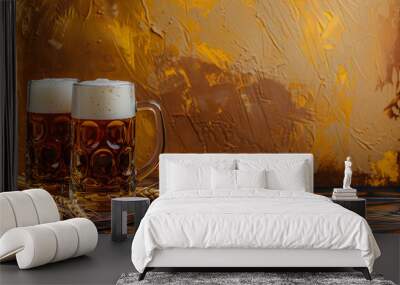 Two mugs of beer with wheat on a wooden table against a yellow and brown background Wall mural