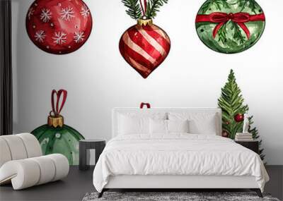 illustrations with Christmas motifs such as gifts, Santa Claus, Christmas balls, gingerbread cookies, Christmas tree, snowmen... Wall mural