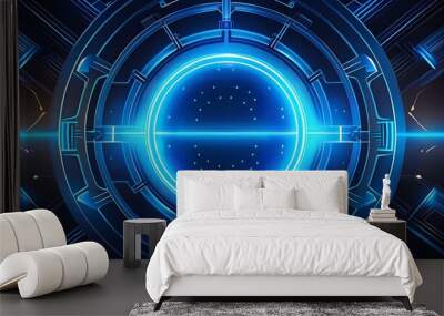 A blue glowing circle on a black background. Suitable for abstract design and futuristic concepts  Wall mural