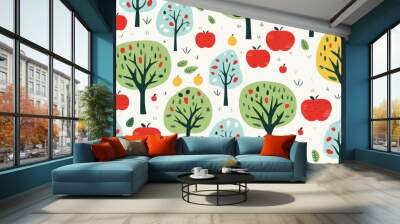 Apple orchard illustrations quirky doodle pattern, wallpaper, background, cartoon, vector, whimsical Illustration Wall mural