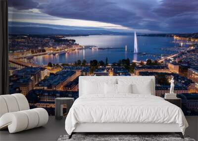 Aerial  night view of Geneva city water fountain in Switzerland Wall mural