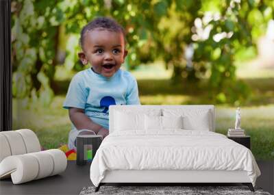 Little african american baby boy playing in the grass Wall mural