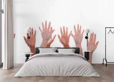 Many Hands raise high up on white background Wall mural