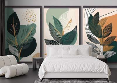 Decorative botanical wall art modern set. Abstract plant art design for prints, covers, wallpapers, minimalistic and natural wall art. Modern illustration. Wall mural