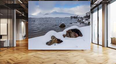 Scottish, Highland, Rannoch Moor, bright snow frozen river, winter day, sunshine, blue sky beautiful clouds Wall mural