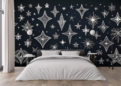 This doodle set is made up of hand drawn stars that sparkle. This is a twinkle twinkle, spark glitter or magic party light illustration. Hand drawn sketch doodle style line sparkle elements. Wall mural