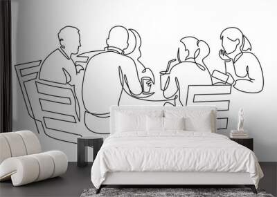 Business team meeting continuous line drawing. Friends in cafe contour vector illustration. Wall mural