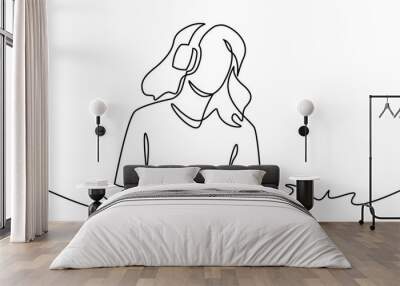 Continuous one line drawing of Young woman listens to music. DJ girl with earphones. Lifestyle teeanager clipart. Spending free time, rest. Leisure activity. Wall mural