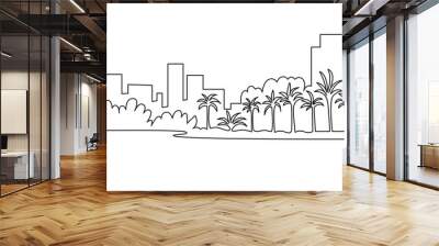 Modern cityscape continuous one line vector drawing. Metropolis architecture panoramic landscape. Dubai skyscrapers hand drawn silhouette. Apartment buildings isolated minimalistic illustration. Wall mural