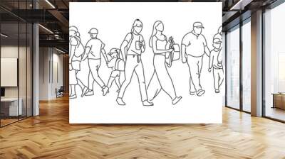 One line drawing of urban residents walking on city street. Group of different people walking city background. Casual townspeople crosses the road in one way hand drawn vector illustration Wall mural