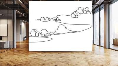 Rural landscape continuous one line vector drawing. Lake house in the woods hand drawn silhouette. Country nature panoramic sketch. Village minimalistic contour illustration. Wall mural