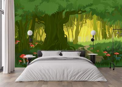 Vector illustration bright green summer magical forest vector background mushrooms Wall mural