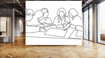 Women work together for business lunch vector art. Business team meeting continuous line drawing. Friends in cafe contour vector illustration. Girls talk Wall mural