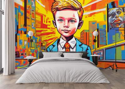 A kid acting a grownup business person, labor poster style Wall mural